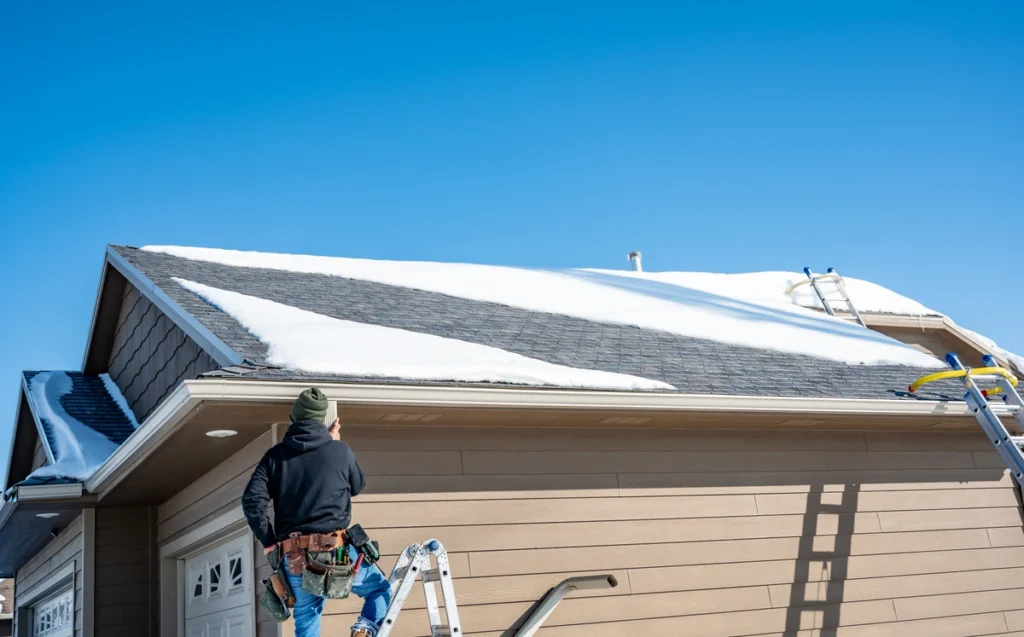 Snowy roof replacement during Wisconsin winter