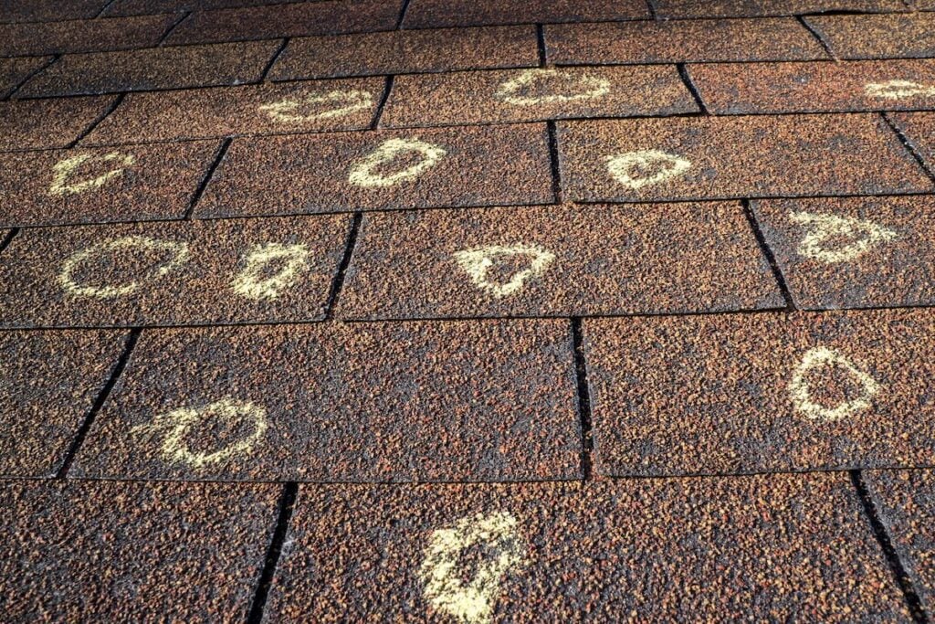 Brown roof shingles with several yellow chalk circles marking damaged spots or areas needing repair during a hail damage roof inspection.
