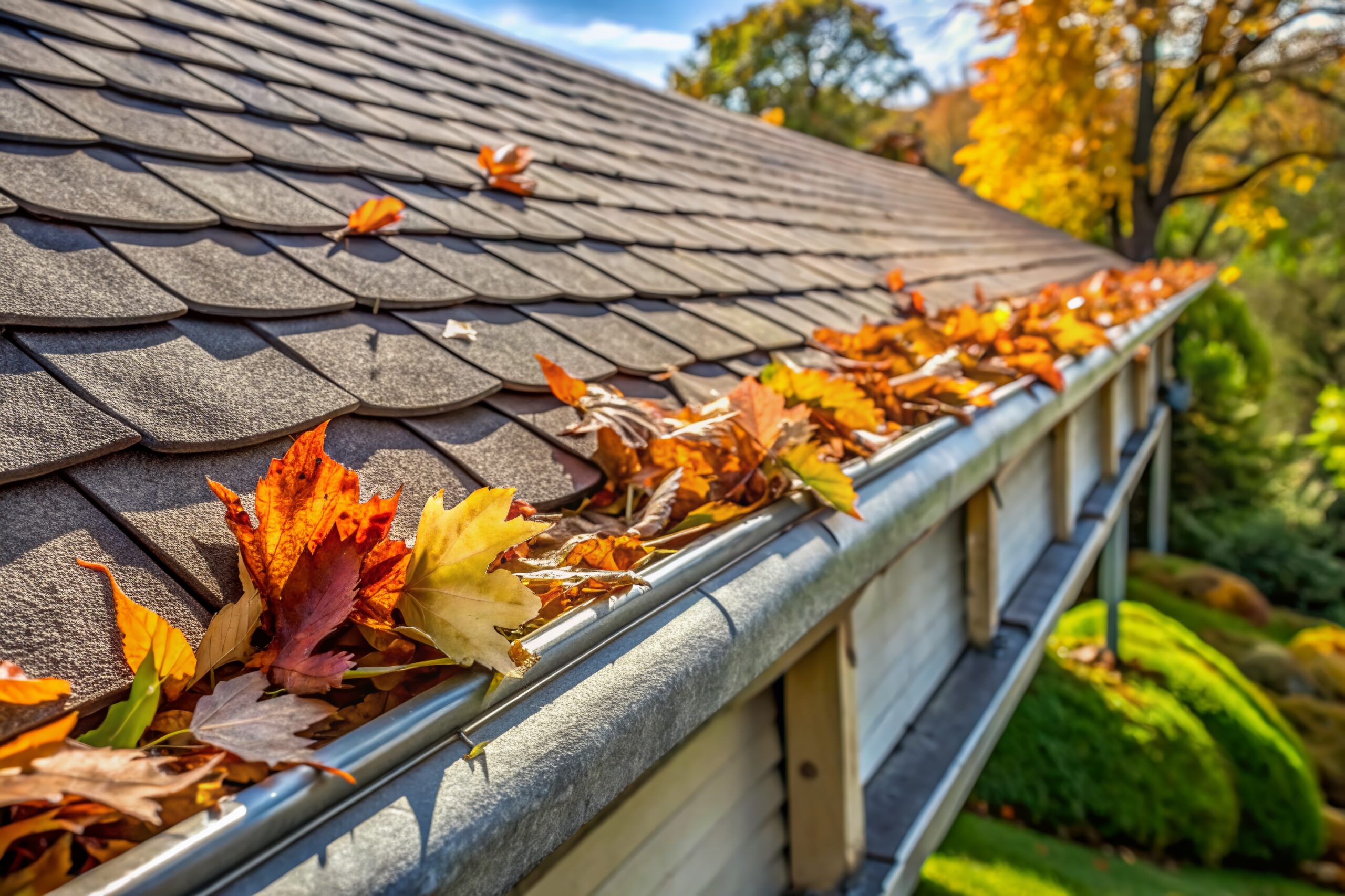 A house gutter filled with colorful autumn leaves runs along a shingled roof, hinting at the need for gutter cleaning, with trees and bushes in the background on a sunny day.