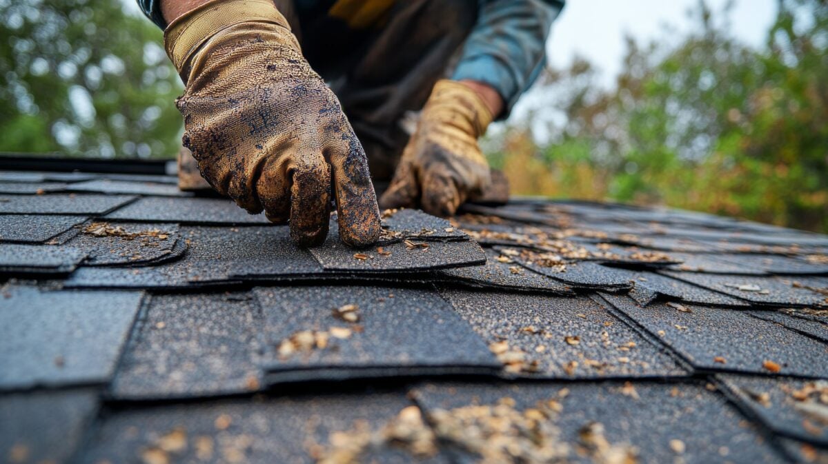 A person wearing gloves installs asphalt shingles on a roof, pressing down with both hands amid visible granular loss on the roof. Loose debris and granules are scattered across the surface, with trees in the blurred background.