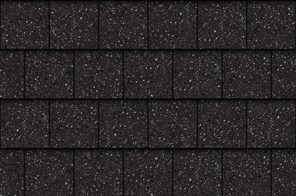 Dark gray asphalt roof shingles arranged in neat, overlapping horizontal rows. The shingles have a rough, speckled texture with lighter gray and white granules scattered across the surface.