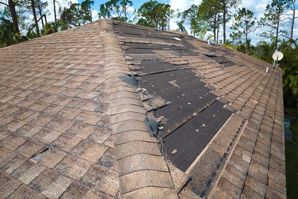 A house roof with missing and damaged shingles shows clear wind damage to roof, exposing the black underlayment beneath. Some shingles are loose or gone, likely from a recent storm. Pine trees and a blue sky are visible in the background. wind damage to roof