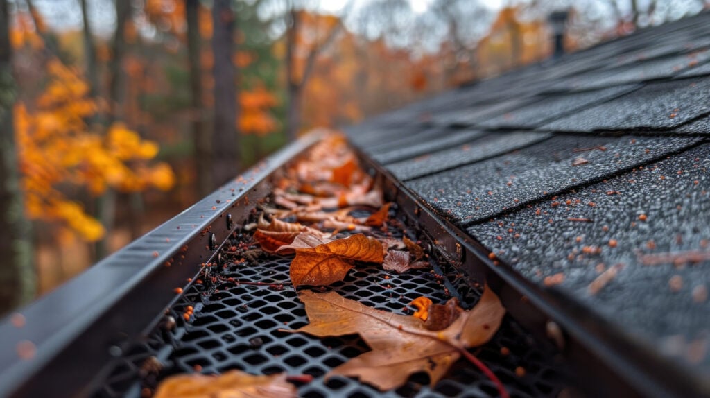 Close-up of a house gutter filled with fallen autumn leaves, with a shingled roof on the right and blurred orange and brown trees in the background, raising the question: are gutter guards worth it for preventing this seasonal debris?. are gutter guards worth it