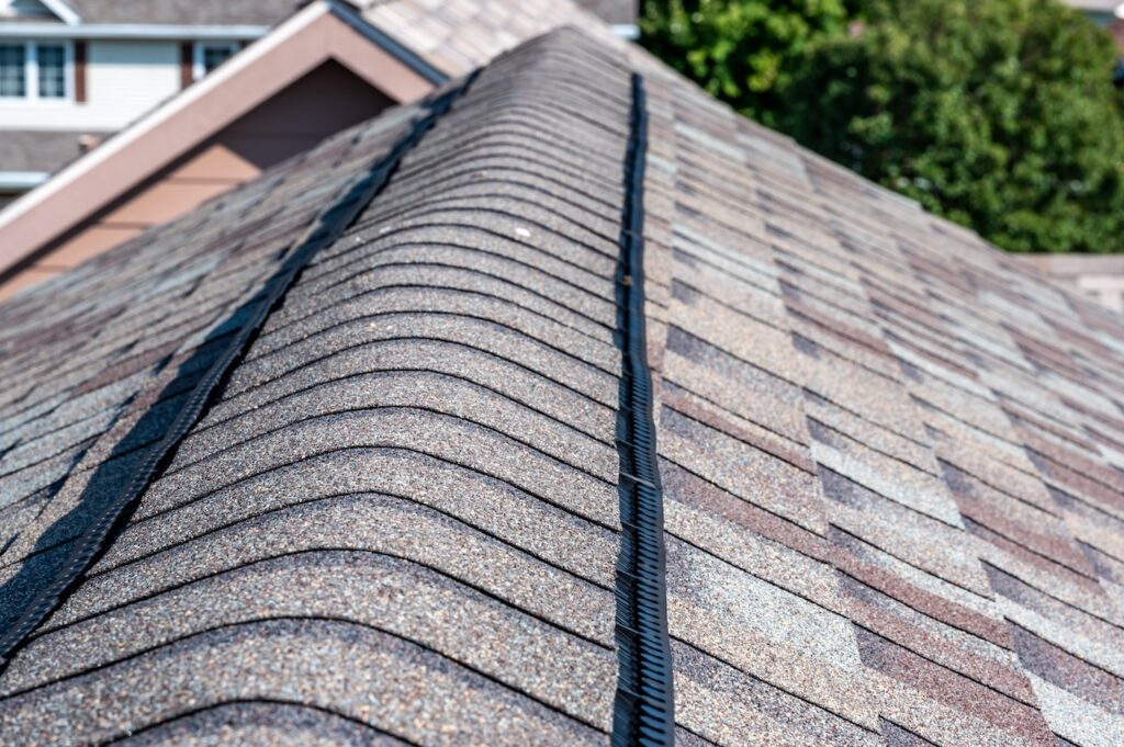 Close-up view of a house roof with asphalt shingles, showing the ridge vent running along the roof’s peak; other rooftops and green trees are visible in the background.