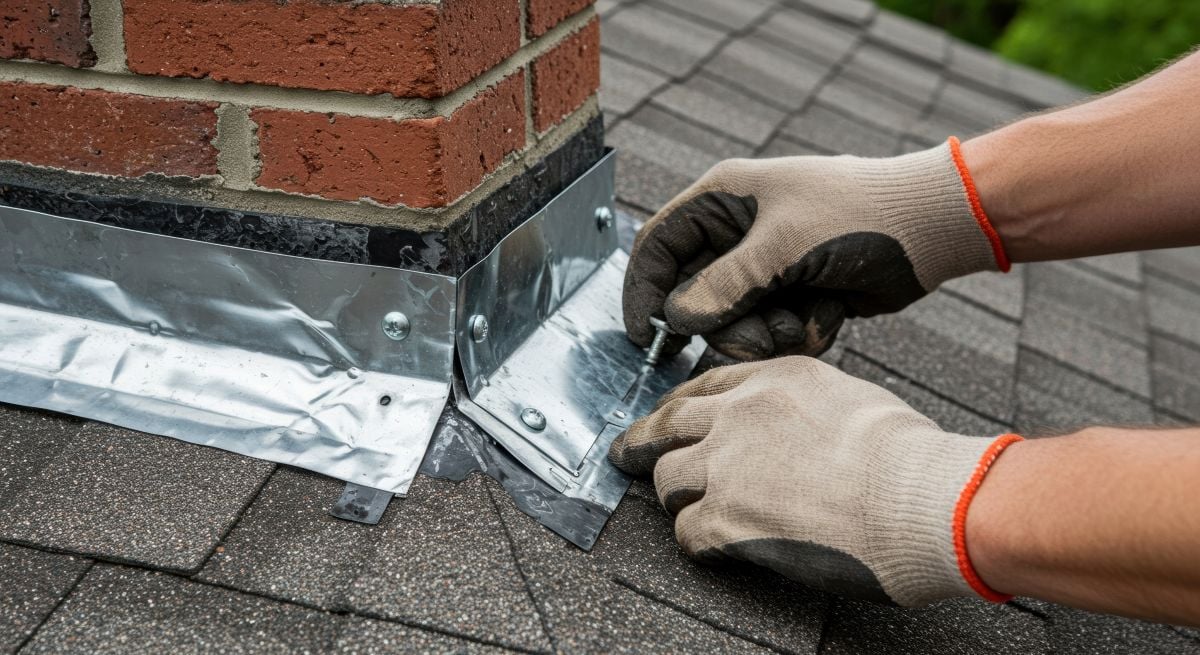 Gloved hands install metal flashing around the base of a brick chimney on a shingled roof, securing it with screws to prevent water leaks.