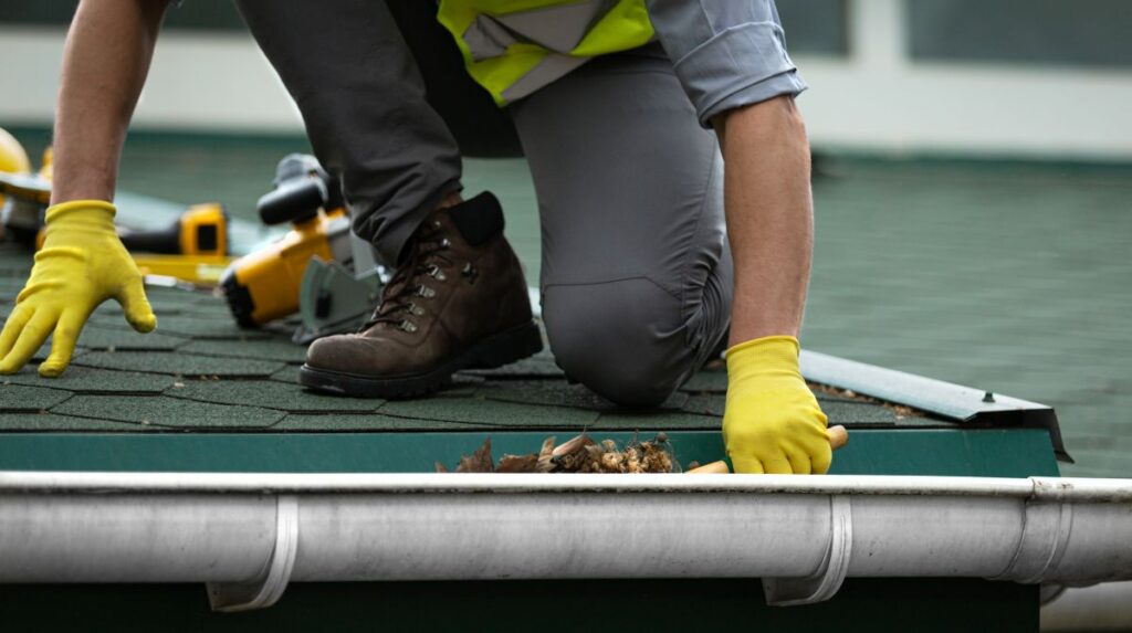 A person wearing yellow gloves and work boots cleans leaves and debris from a house gutter while kneeling on a shingled roof. Tools are visible nearby.