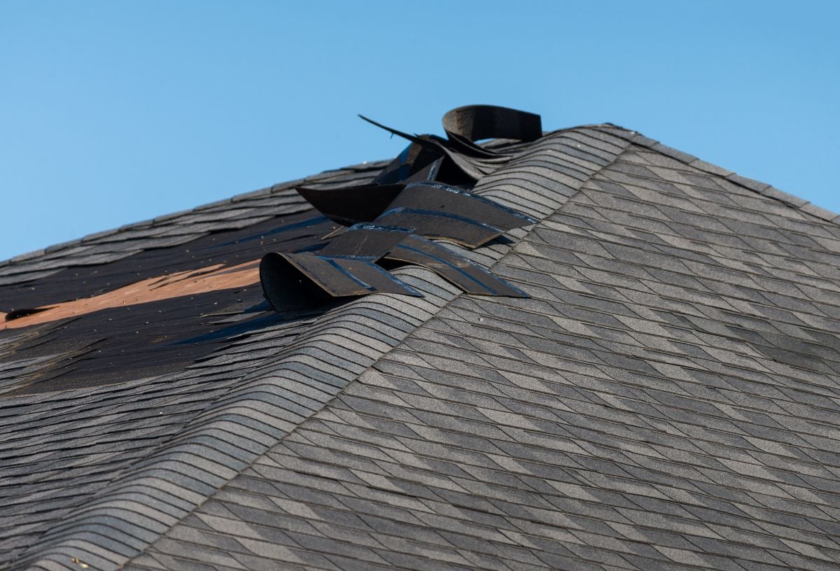 wind damage roof repair house roof with dark gray shingles, some of which are damaged and lifting up, exposing the wooden underlayment beneath, set against a clear blue sky.