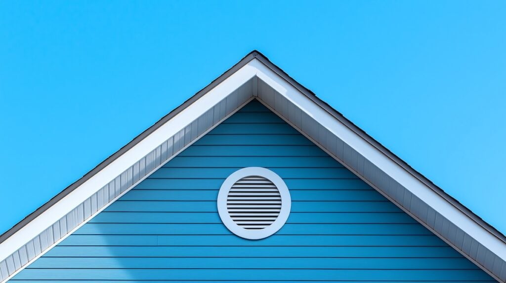 The pointed roof of a blue house with white trim and a circular attic vent, set against a clear blue sky.