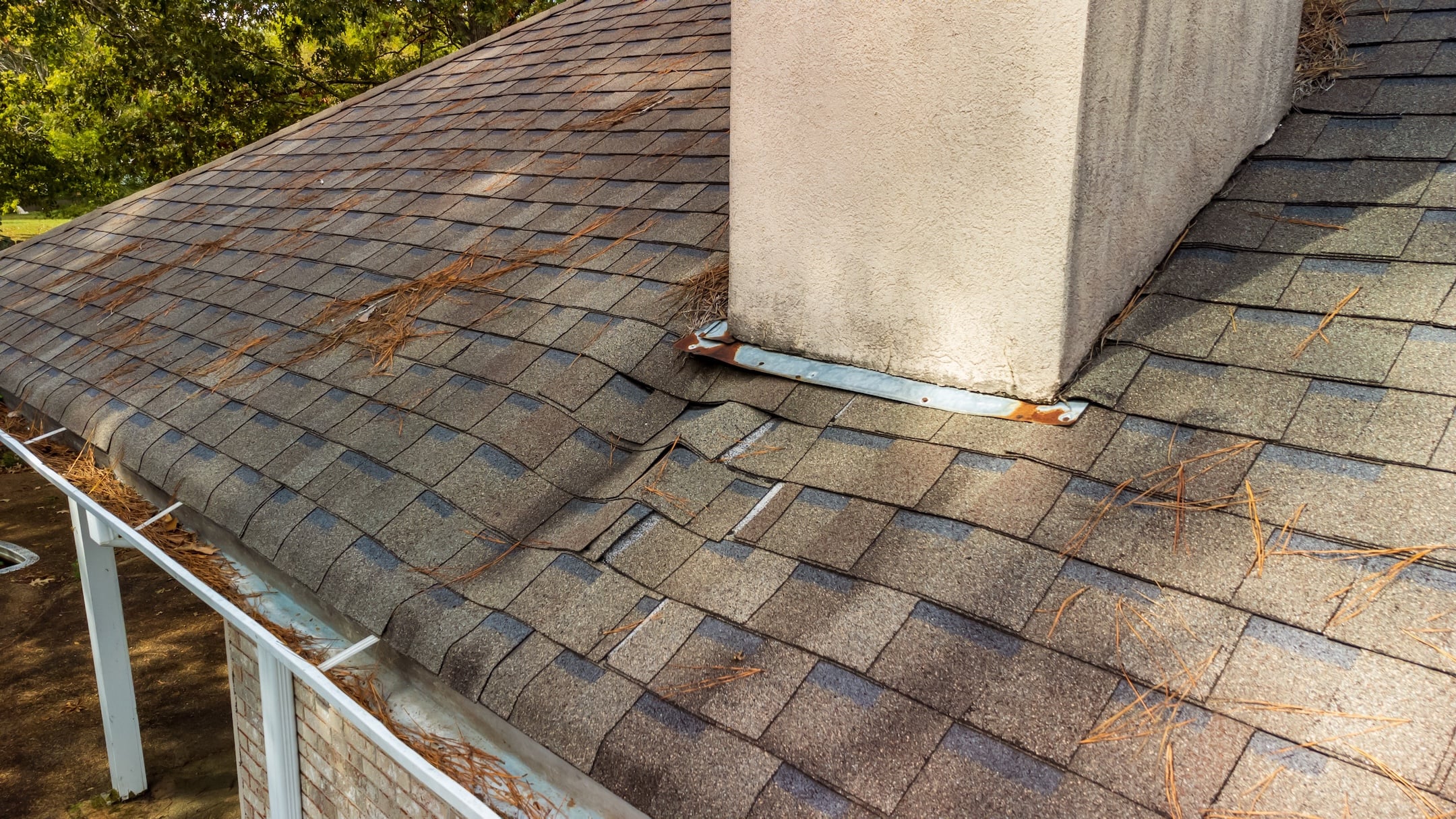 A house roof with asphalt shingles showing visible warping and damage near a chimney, with pine needles scattered on the surface.