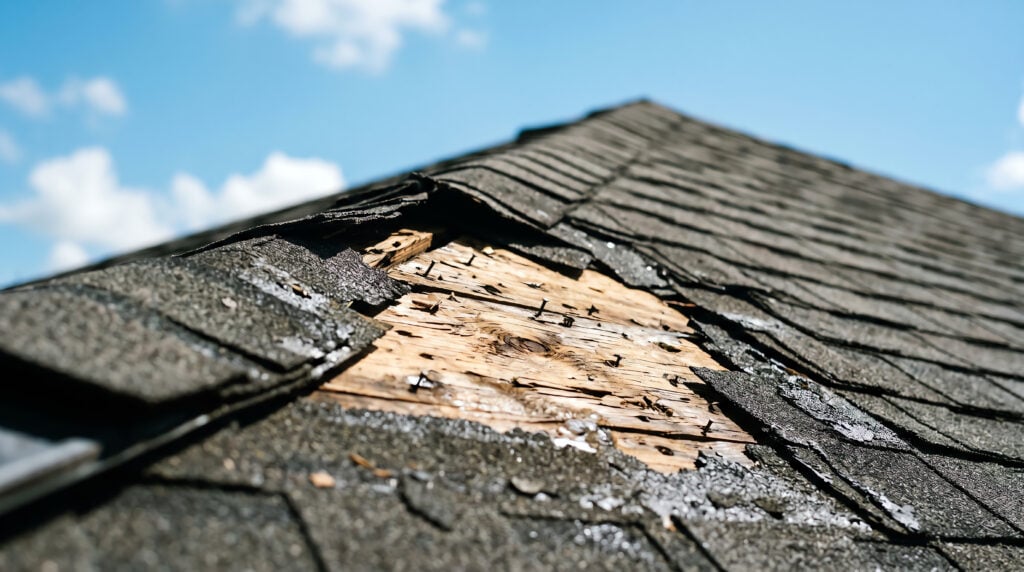 roofing companies stoughton wi Close-up of a damaged asphalt shingle roof with missing shingles, exposing the wooden underlayment beneath, against a blue sky with some clouds.